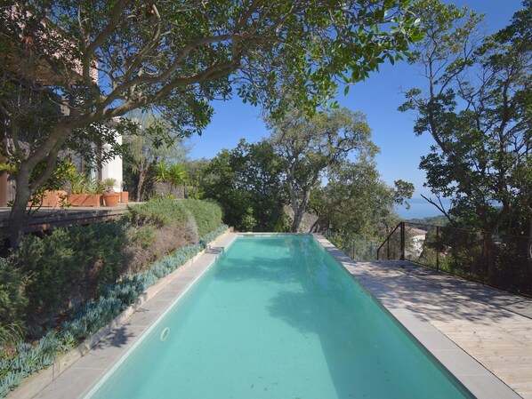 A rectangular swimming pool with a clear blue water surface, surrounded by a wooden deck and lush greenery.