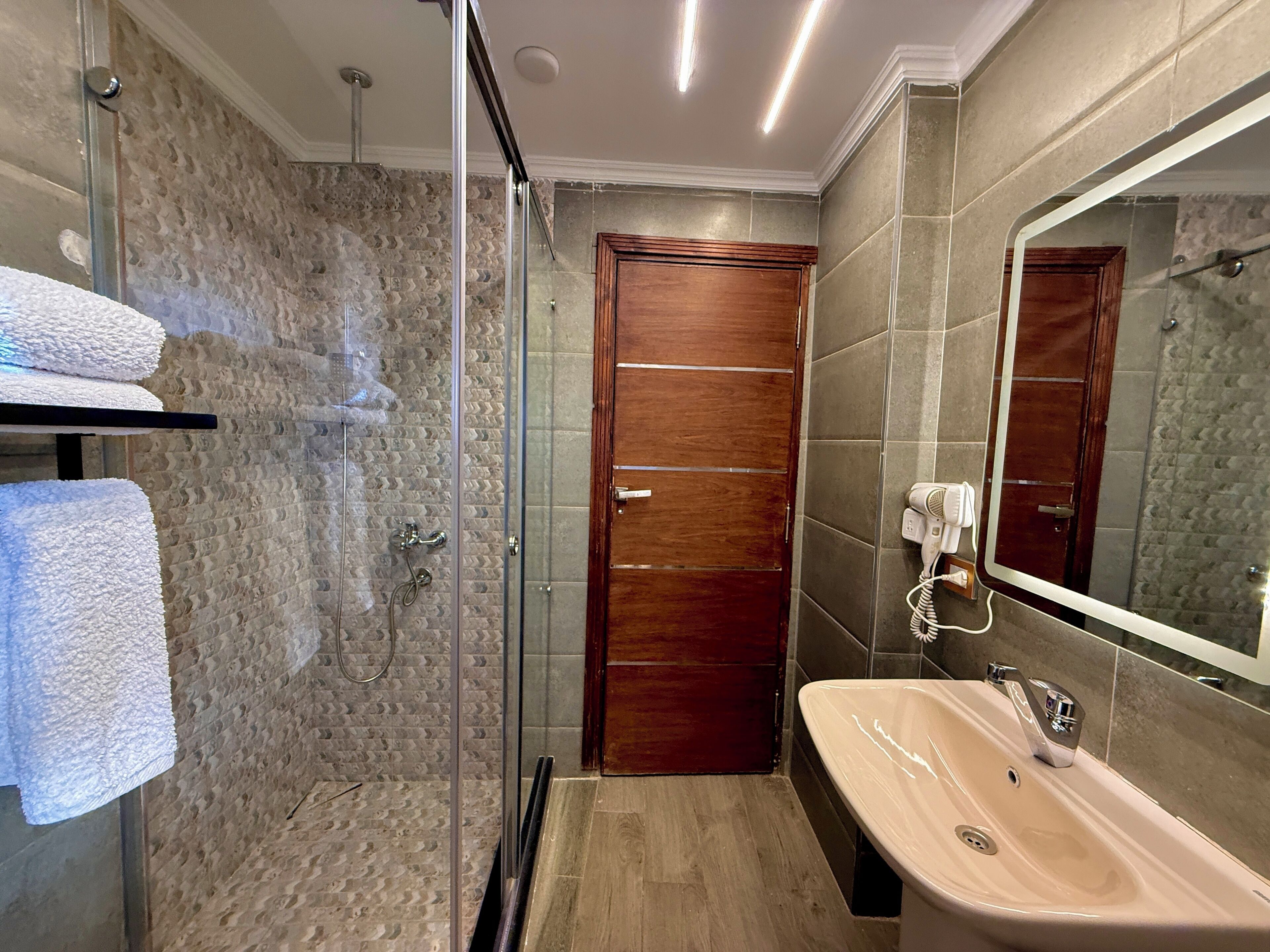 Une salle de bain moderne avec une douche à parois de verre, une porte en bois, un grand miroir et un lavabo beige.