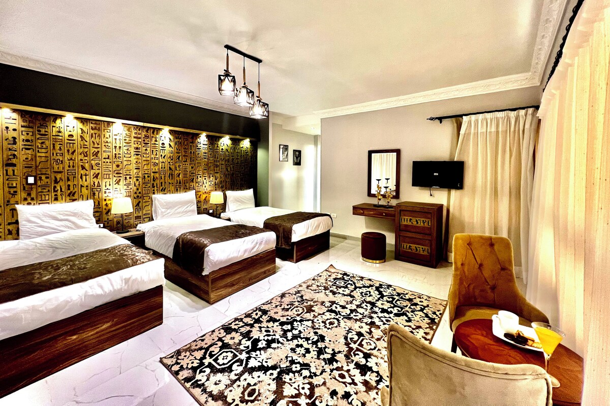 Habitación de hotel con dos camas, un escritorio, una silla, un televisor y una alfombra estampada.