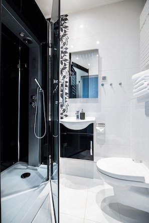 Apartment | Bathroom | Shower, hydromassage showerhead, hair dryer, towels