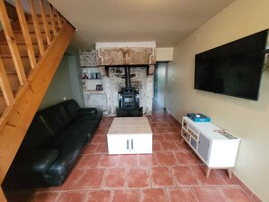 Televisión, chimenea, reproductor de DVD y biblioteca musical