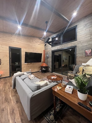 Smart TV, chimenea y libros