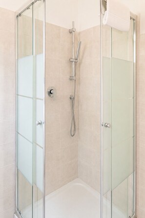 Shower, hair dryer, bidet, towels