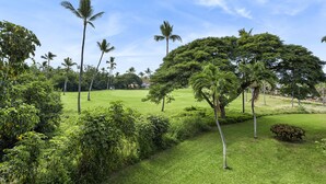 Un paisaje exuberante de color verde con palmeras y vegetación densa.
