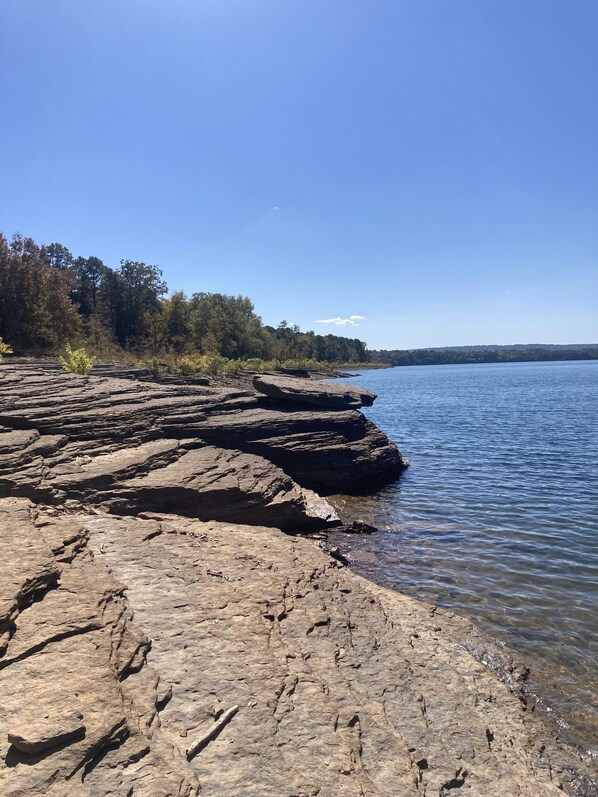 Eine felsige Küste mit klarem Wasser und bewaldeter Landschaft im Hintergrund.