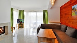 A modern living room with a sofa, a wooden coffee table, a TV, and a fireplace. - Holiday home with a private garden (Sarbinowo)