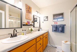 Shower, hair dryer, towels