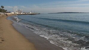 A beach with a Ferris wheel in the background.
