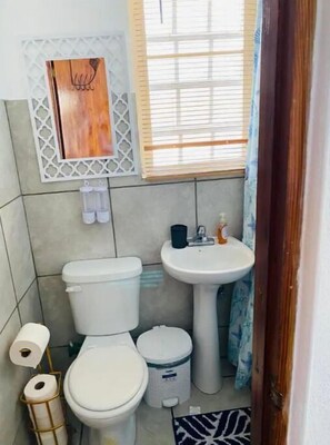 A small bathroom with a toilet, bidet, and sink. There is a window with blinds, a towel rack, and a decorative wall piece. - Beachfront Full House (Guayama)