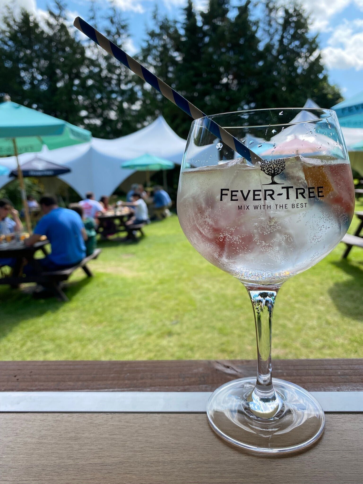 Un vaso de bebida con pajita y el texto "Fever-Tree" en su superficie, sobre una madera.