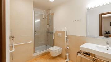 Shower, hair dryer, bidet, towels