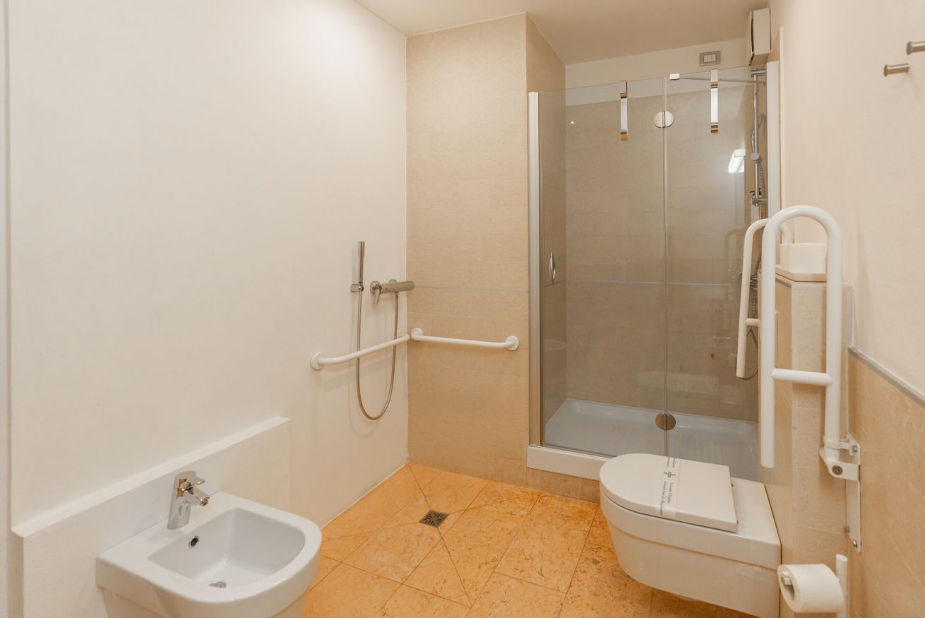 Shower, hair dryer, bidet, towels