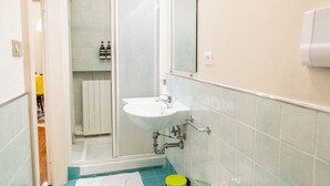 A bathroom with a white sink, a mirror, and a shower enclosure. - Cozy Residence Rocchetto - 25 meters from P. Erbe (Verona)