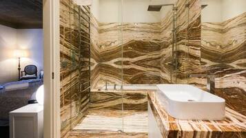 Combined shower/tub, hair dryer, bidet, towels