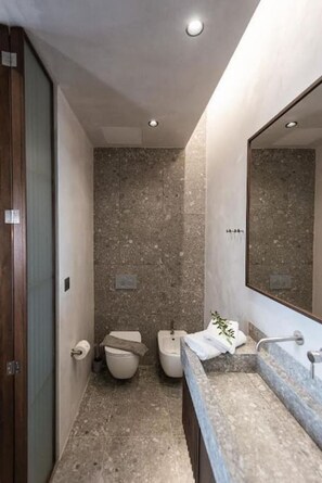 Een haardroger, handdoeken, toiletpapier