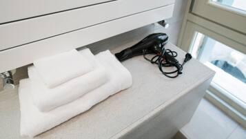 Shower, hair dryer, bidet, towels