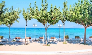 A seaside promenade with trees, benches, and street lamps.