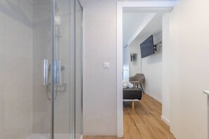 Shower, hair dryer, towels, toilet paper