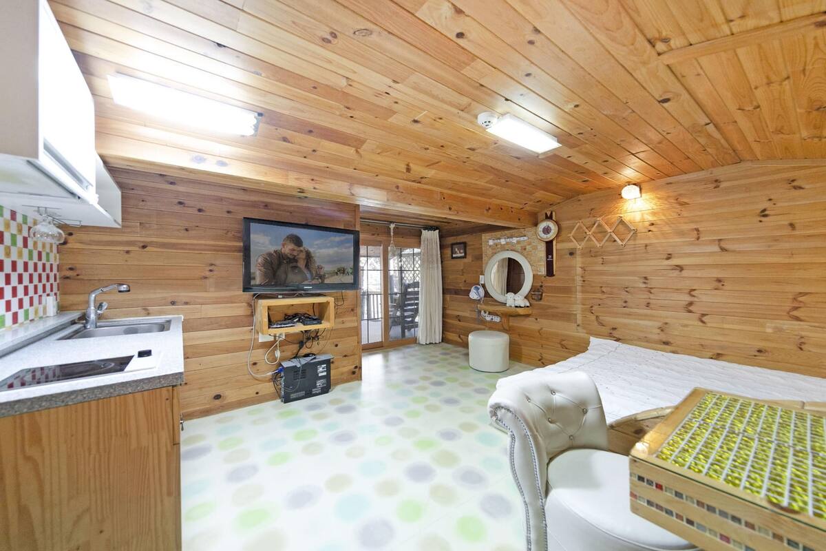 A wooden-paneled room with a kitchen area, a bed, and a bathroom.