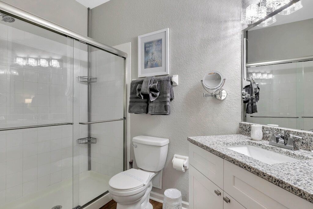A bathroom with a glass-enclosed shower, a toilet, a sink with a granite countertop, and a mirror.