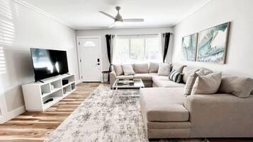 Smart TV, fireplace, music library