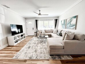 Smart TV, fireplace, music library