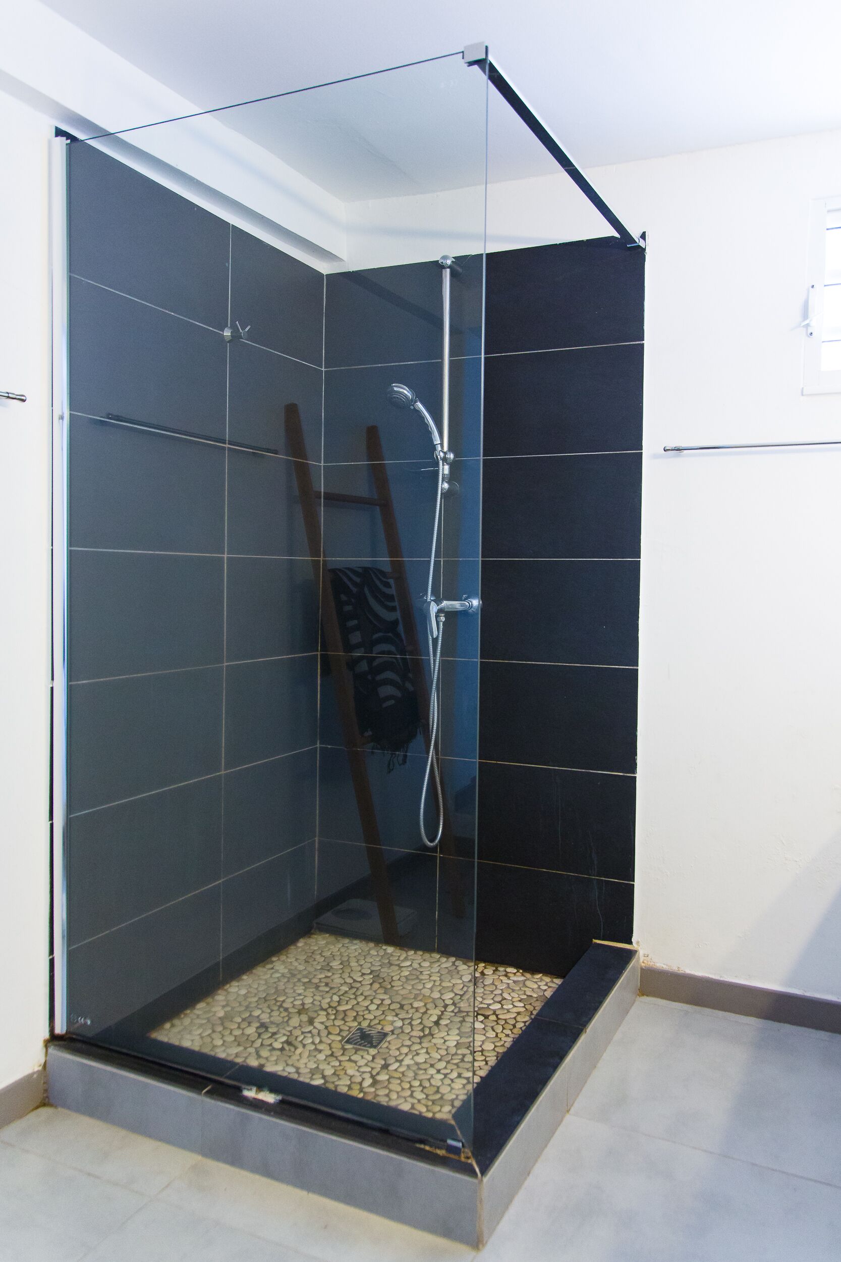 Zona de ducha con paredes de vidrio, suelo de azulejos y una escalera apoyada en la pared.