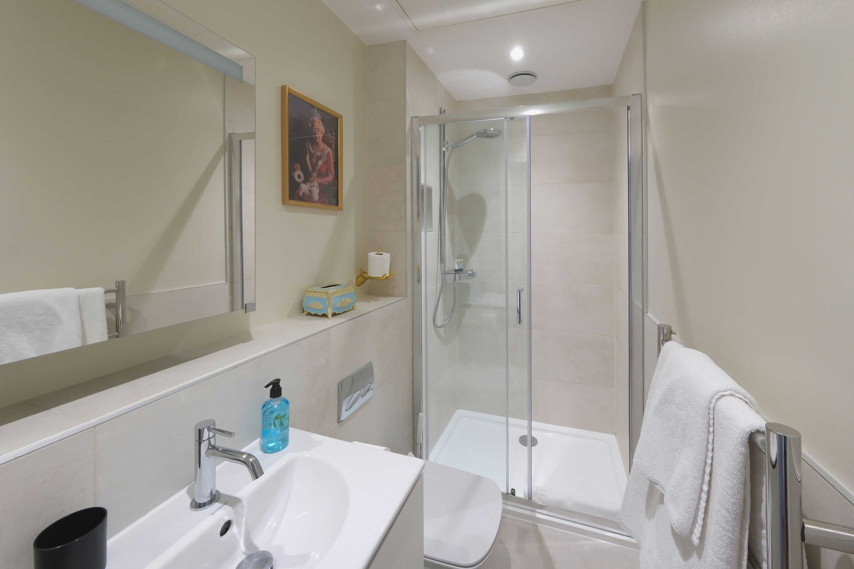 A modern bathroom with a glass-enclosed shower, a white sink, and a mirror.