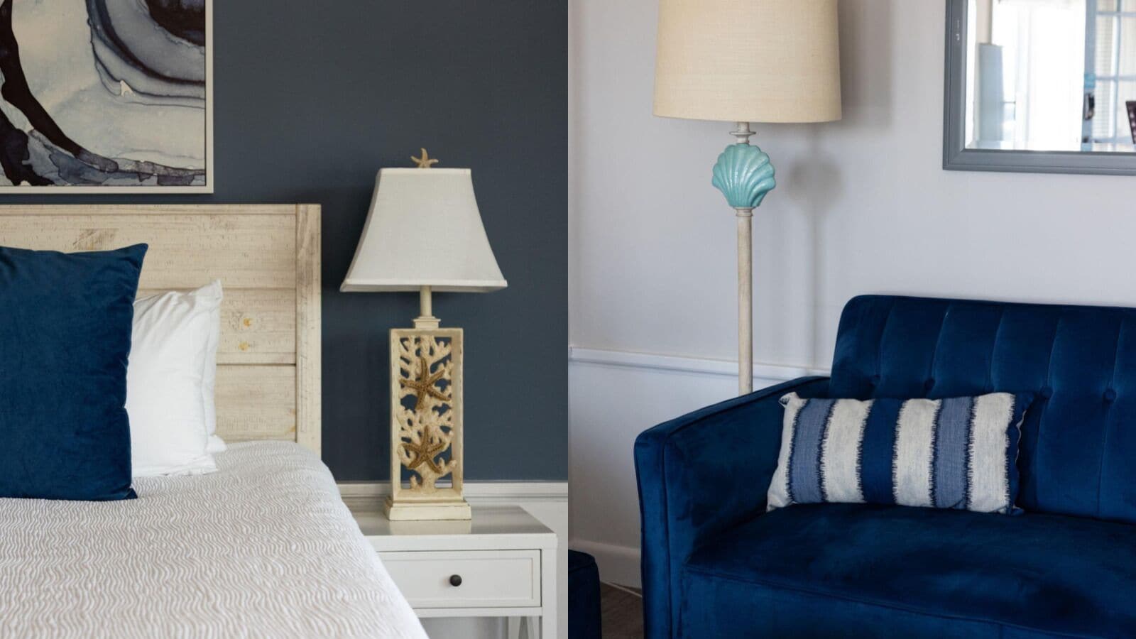 Une chambre à coucher avec un lit, une table de chevet, une lampe et un canapé bleu.