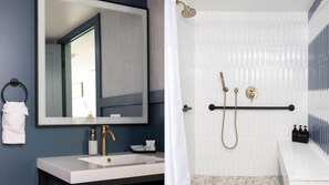 Ein Badezimmer mit Waschbecken, Spiegel und Dusche.