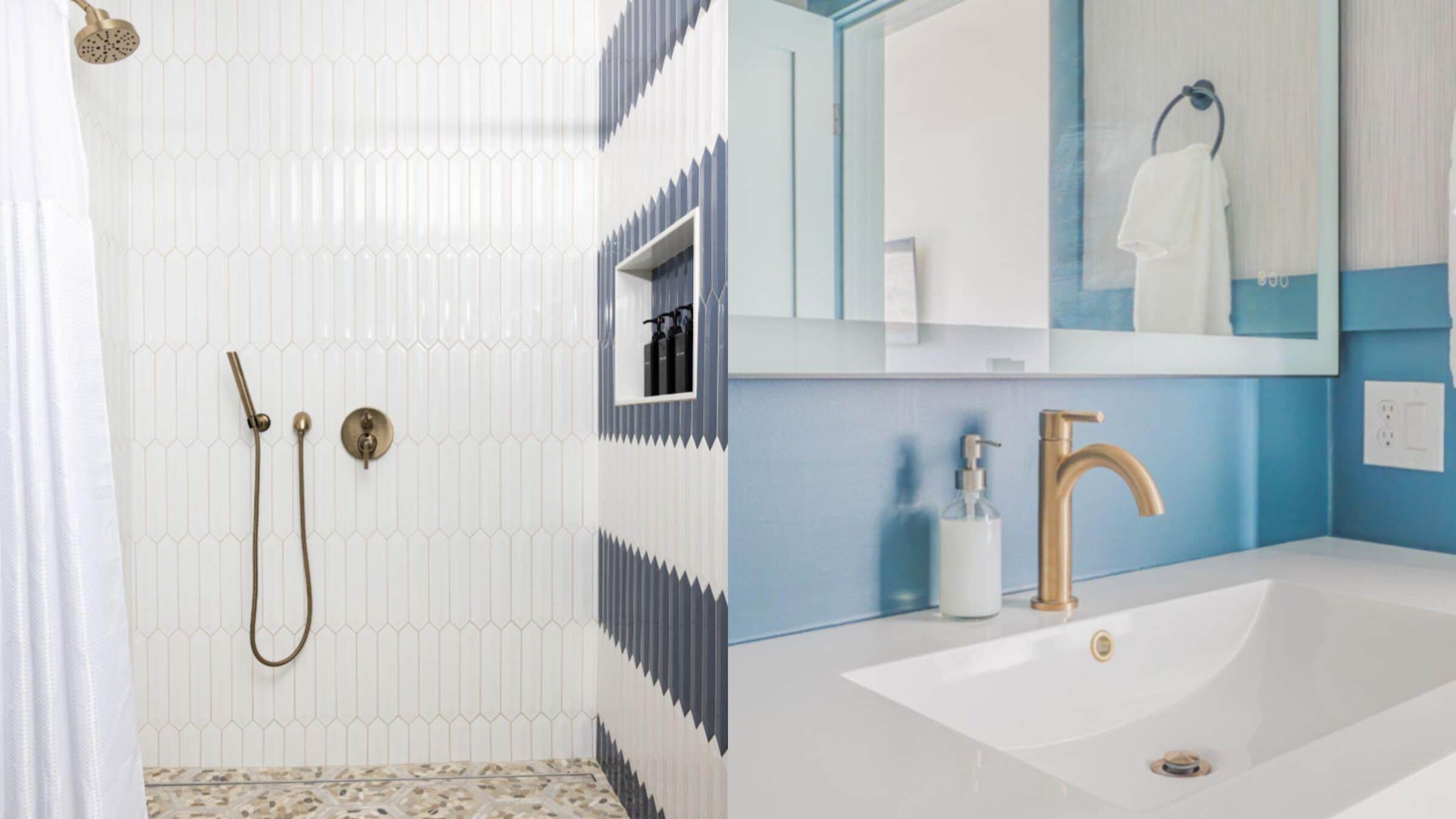 A bathroom with a shower, a sink, and a mirror.