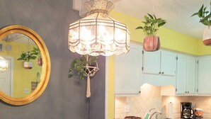 A dining area with a wooden table, chairs, and a decorative fox figurine. A hanging macramé plant is visible, and a kitchen area with a sink and cabinets is in the background.