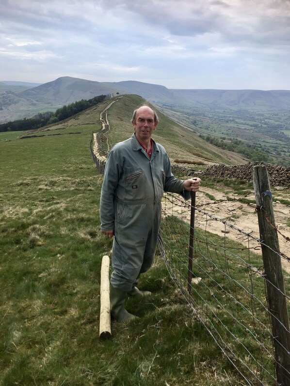 A person standing on a grassy hill with a stone wall and barbed wire fence in the background.
