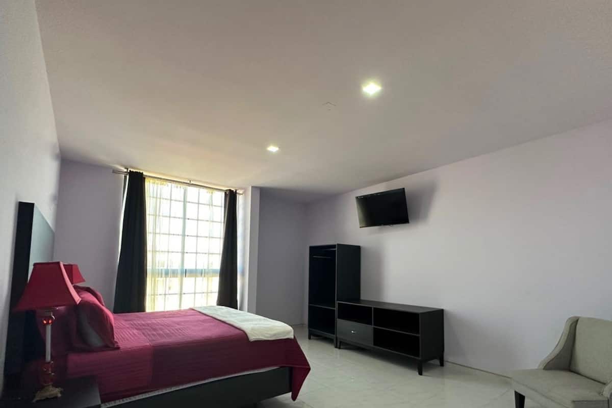 A bedroom with a bed, a TV, a wardrobe, and a chair.