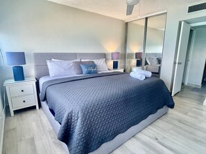 1 chambre, bureau, fer et planche à repasser, lit parapluie