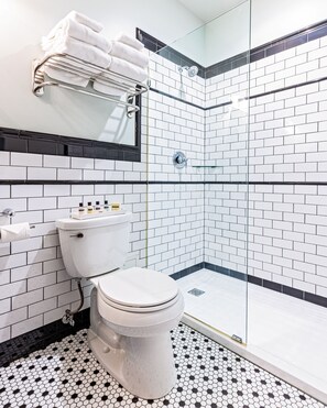 Douche, séchoir à cheveux, serviettes fournies, shampooing
