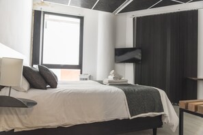 Une chambre à coucher moderne avec un lit, un téléviseur à écran plat, une fenêtre et une table de chevet.