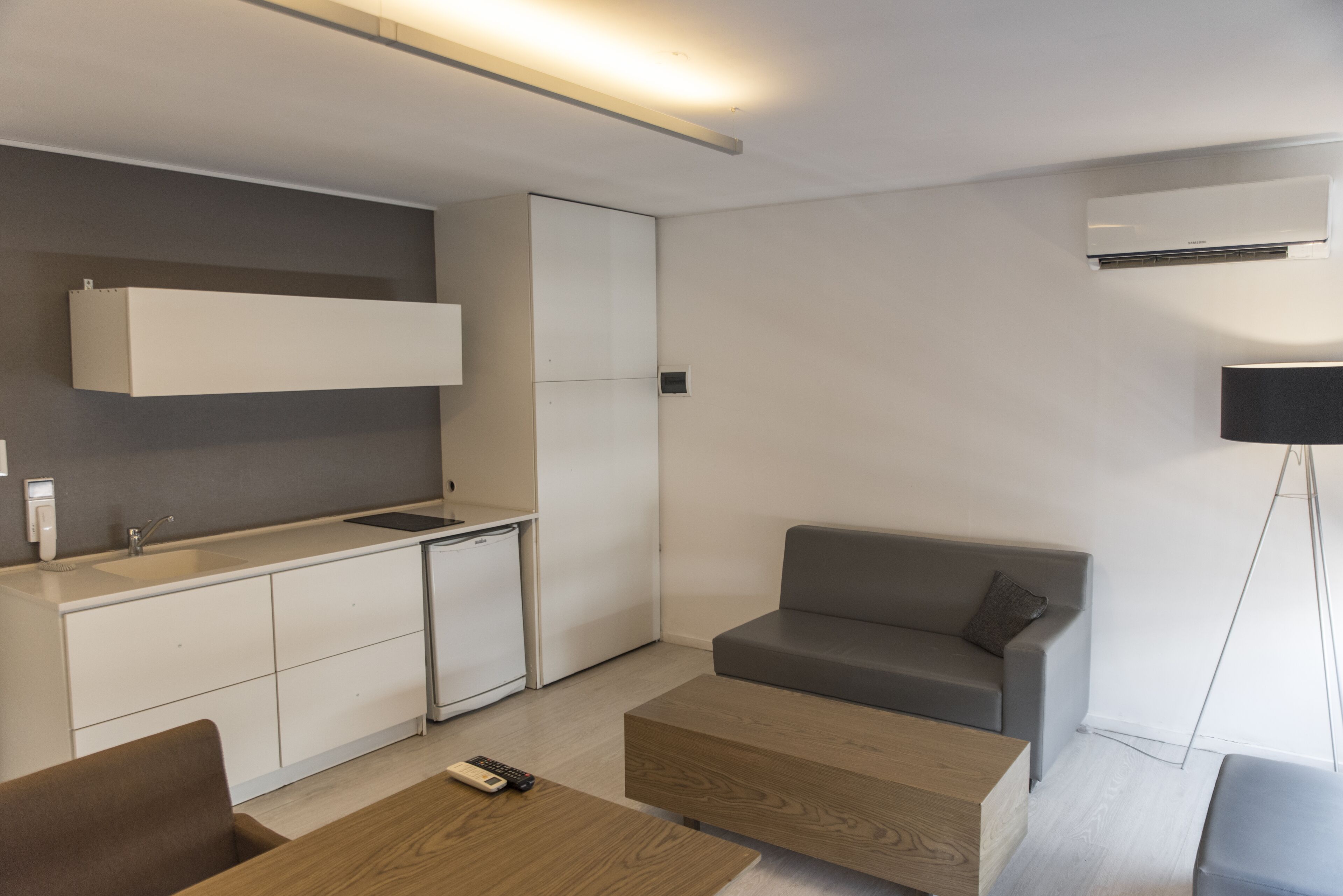 Un espacio habitable moderno y funcional con kitchenette, un sofá gris, una mesa de centro de madera y un televisor montado en la pared.