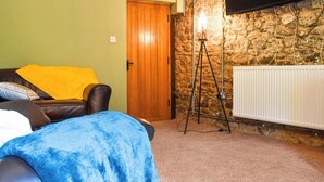 A room with a stone wall, a mounted TV, a leather sofa, and a floor lamp. - 1 bedroom accommodation in Llanfynydd (Llanfynydd)