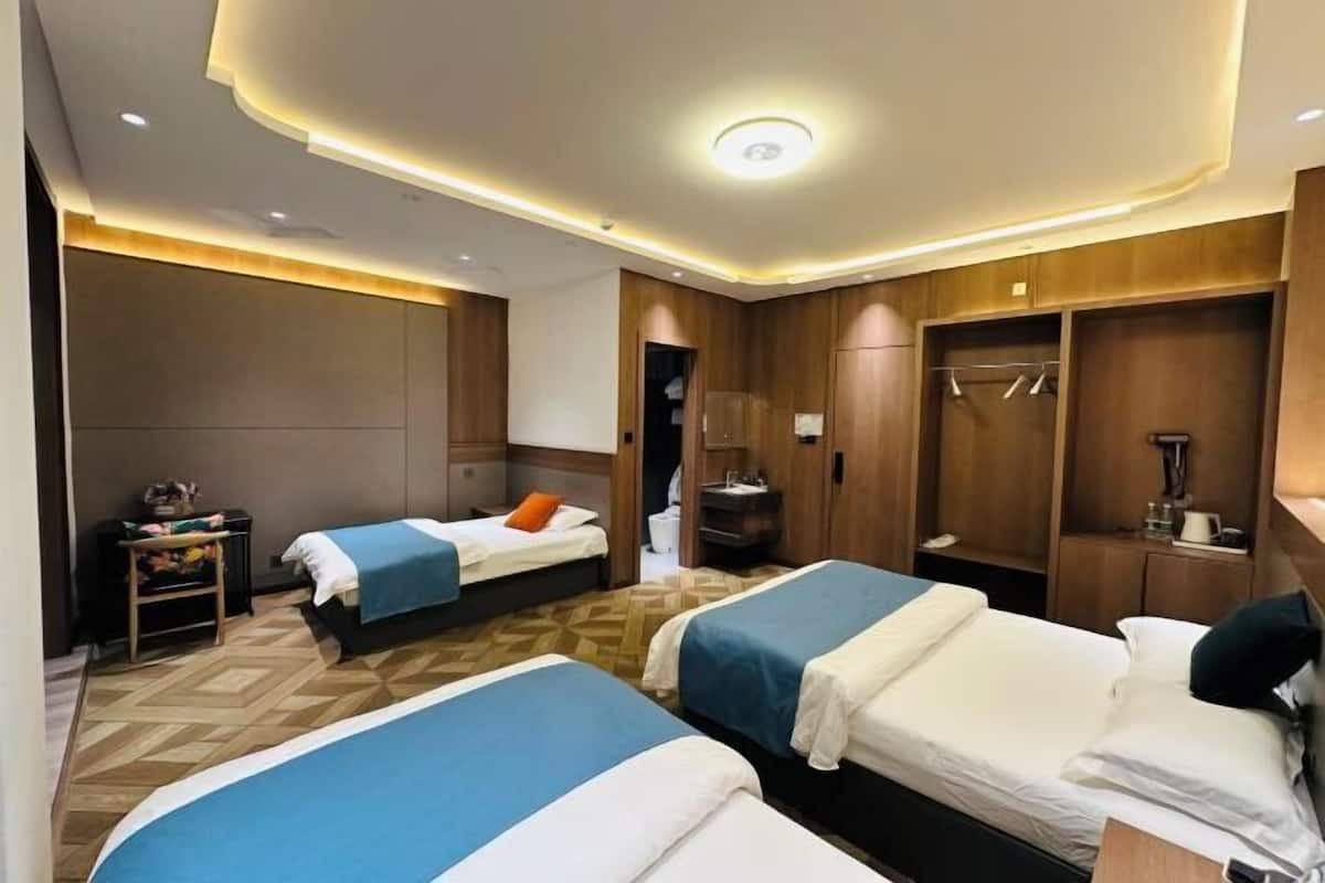Una habitación de hotel con dos camas, un armario, un escritorio y un espejo.