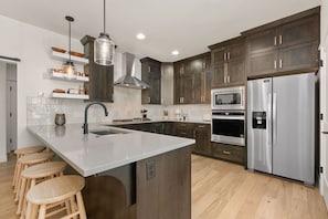 House, Multiple Beds, Fireplace, City View | Private kitchen | Fridge, microwave, oven, stovetop - Coastal Chic Home near New Belgium & Old Town FC (Fort Collins)