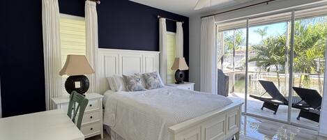 Un dormitorio con cama, mesitas de noche, escritorio, silla, ventilador de techo y vistas al exterior.