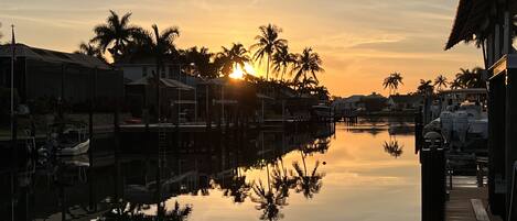 A marina at sunset with calm water reflecting the sky and palm trees.