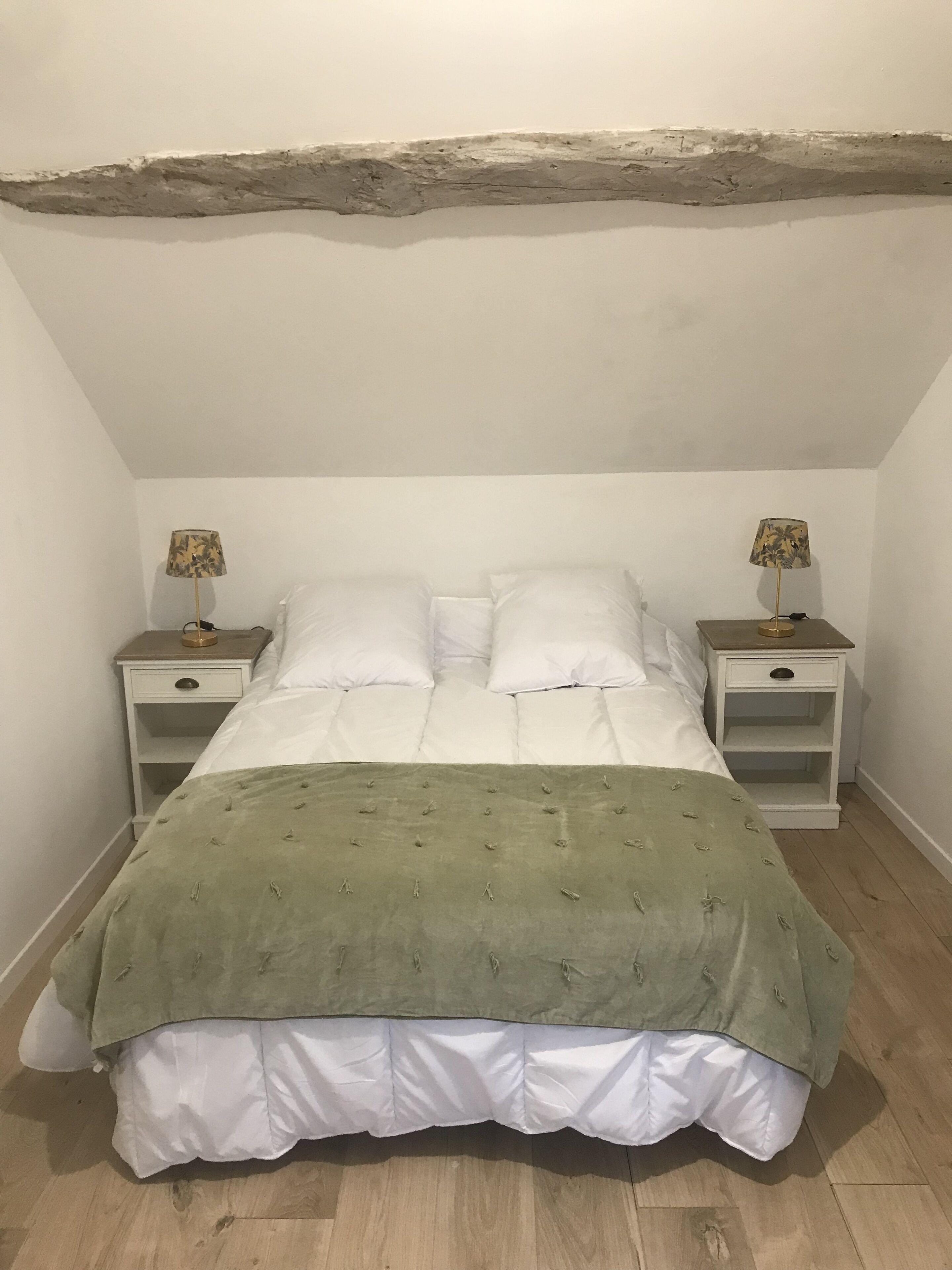 Une chambre à coucher avec un lit, deux tables de chevet et une lampe de chaque côté.