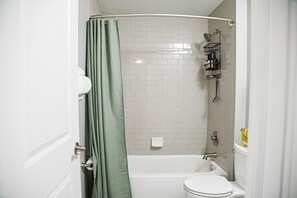 Hair dryer, towels, soap, shampoo