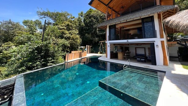 Uma casa moderna com piscina, área externa coberta e estrutura de telhado de palha.