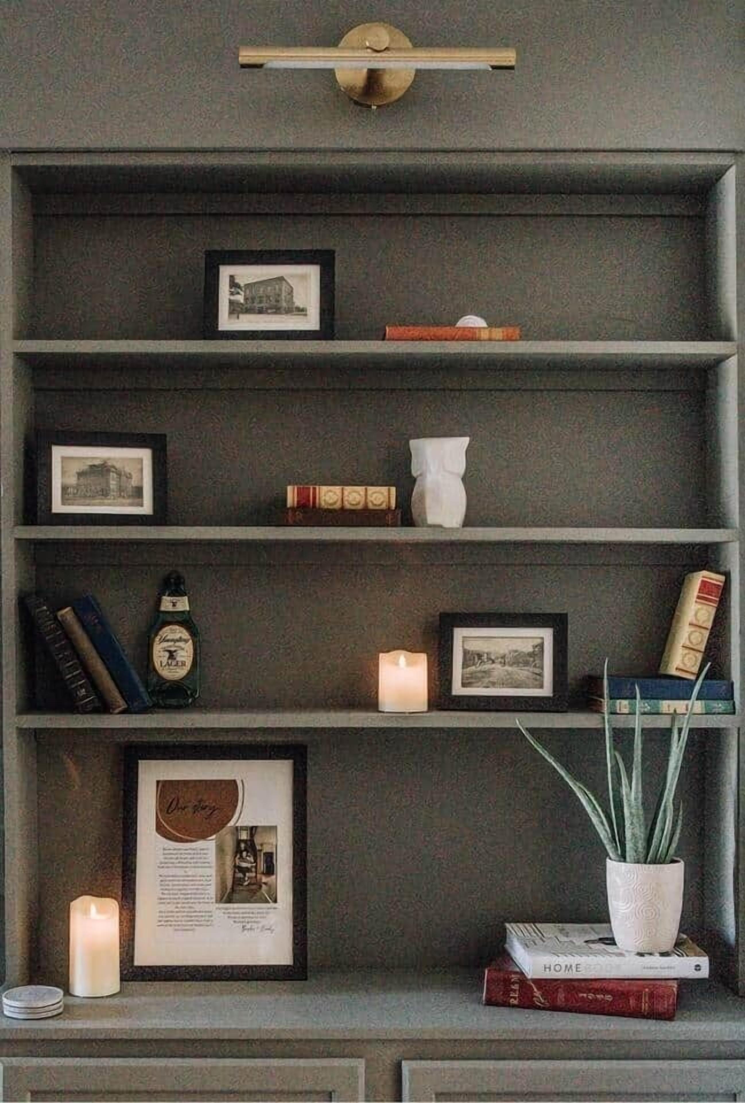 Een boekenplank met ingelijste foto's, boeken, een kaars en een plant in pot.