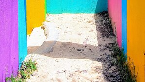 A colorful pathway leading to a beach with a clear view of the ocean. - MOOREA Exceptional view of the Caribbean Sea, Swimming pool (Collectivité de Saint-Martin)