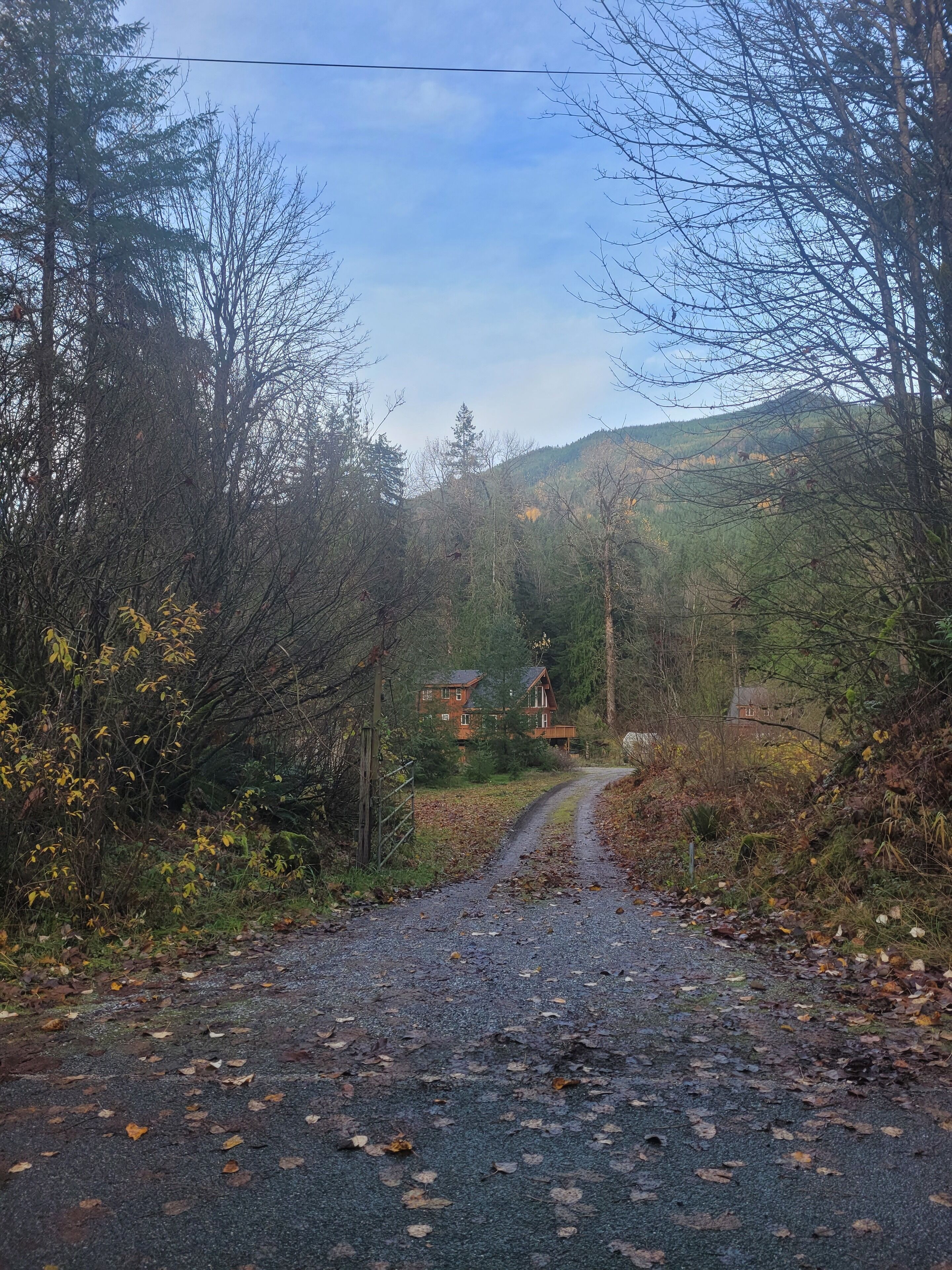 A gravel road leading to a house surrounded by trees and hills.
