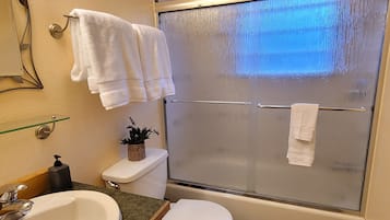 Secadora de cabello, toallas, jabón, shampoo
